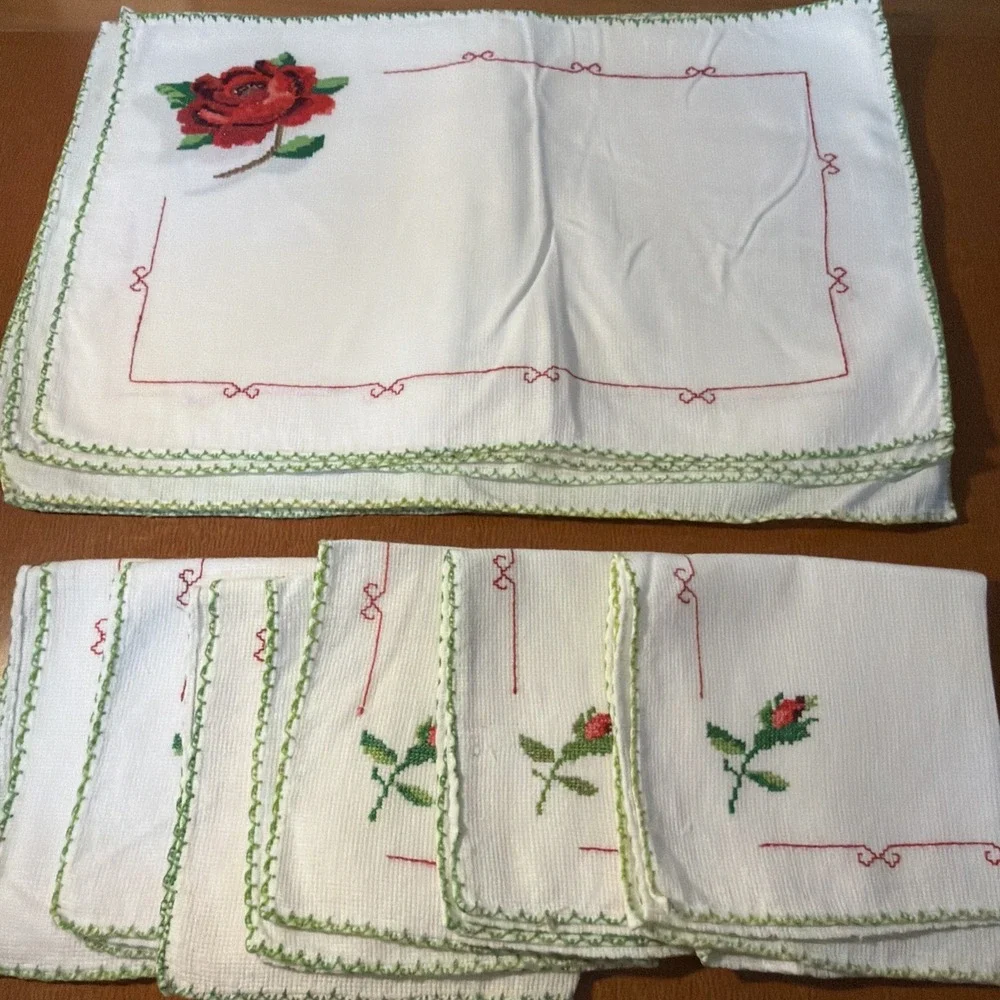 Vintage Set 6 Placemats‎ & Napkins Cross Stitch Pink Rose Handmade Never Used